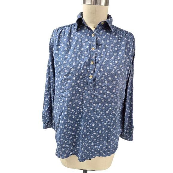 Chaps Denim 100% Cotton Pullover Prairie Blouse Blue/White Floral Sz S - Picture 2 of 5